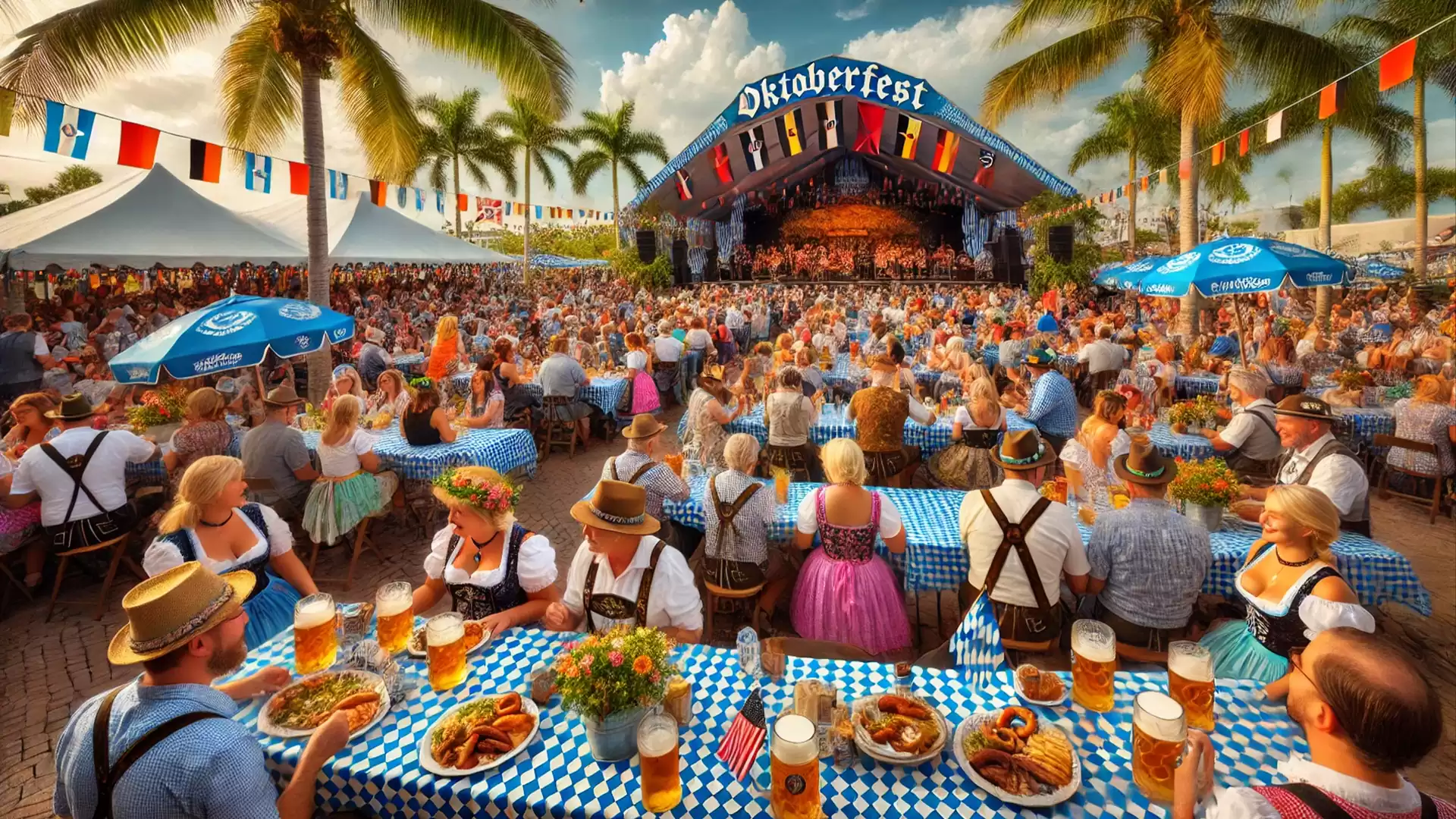 Outdoor Oktoberfest celebration with people in traditional Bavarian costumes, beer mugs, and Bavarian flags at long tables under palm trees.