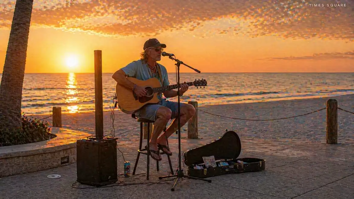 A street musician plays guitar at sunset on the beach. The sun sets over the sea, with clouds decorating the sky. The musician sits on a stool next to a speaker.