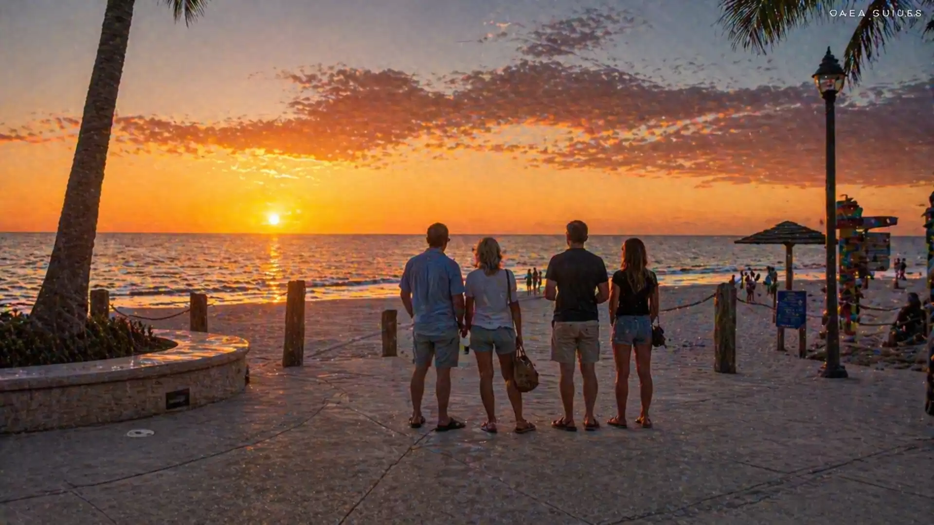 Four people stand on the beach watching a breathtaking sunset over the sea, with a palm tree and street lamp visible.