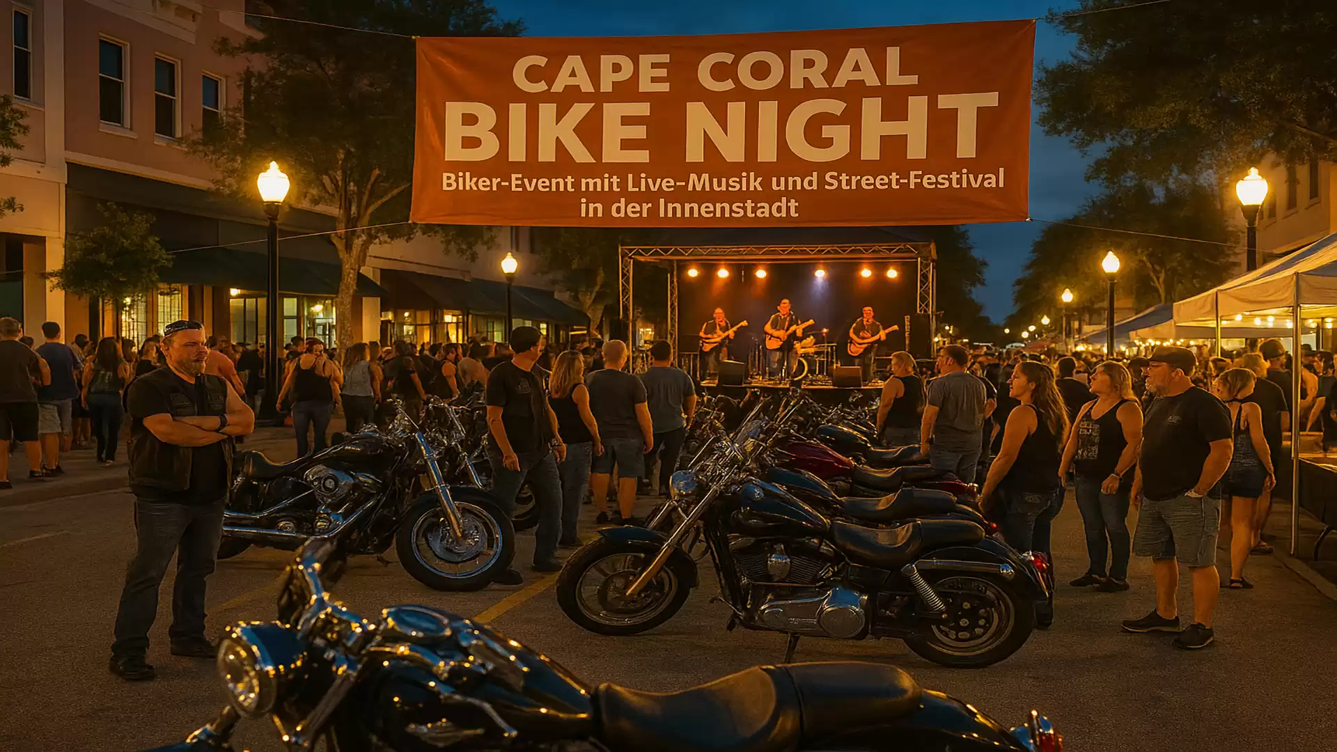 Nighttime biker event in Cape Coral with live music, motorcycles, and people in the city center.