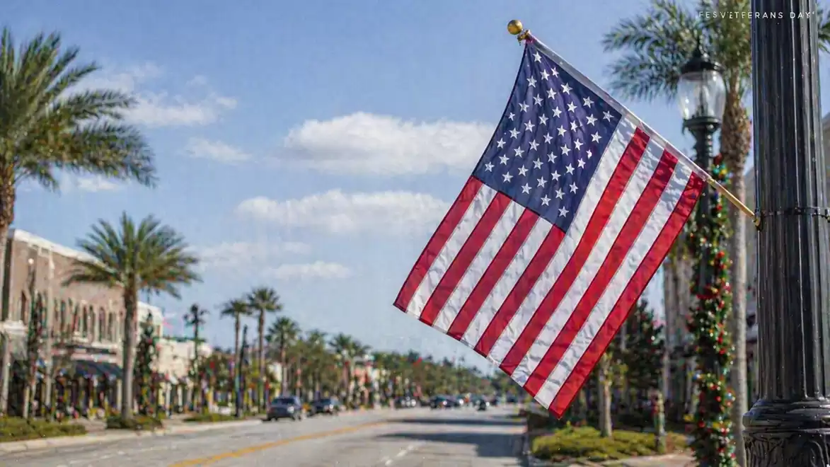An American flag waves from a lamppost during the day. In the background, palm trees and buildings line an empty street.