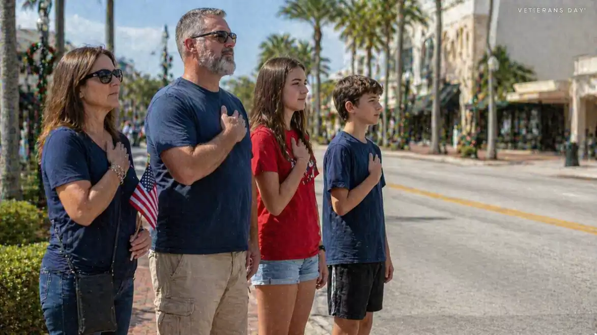 A family stands respectfully on a sidewalk, right hand over heart, seemingly attending a ceremony. They are in casual attire, with the street lined with palm trees.