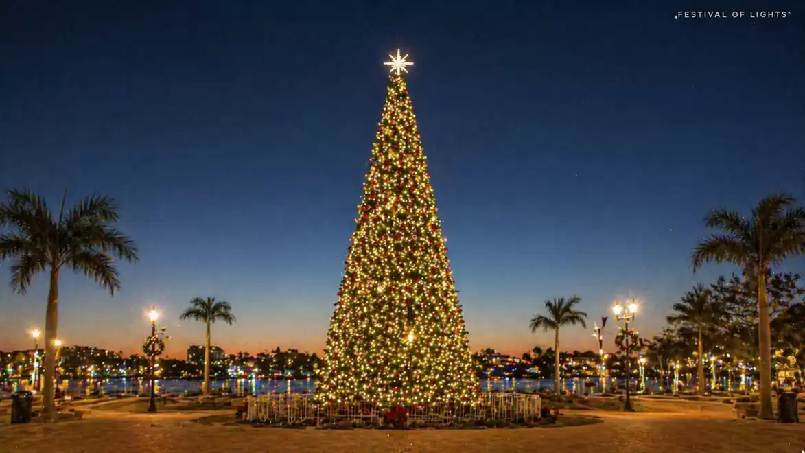 A large Christmas tree with bright lights is centered in a festively decorated setting at sunset, surrounded by palm trees.