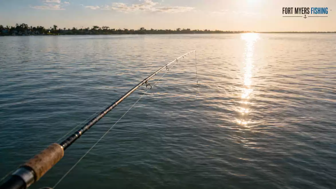 Fishing rod over calm water at sunset with wide horizon and reflective water surface.