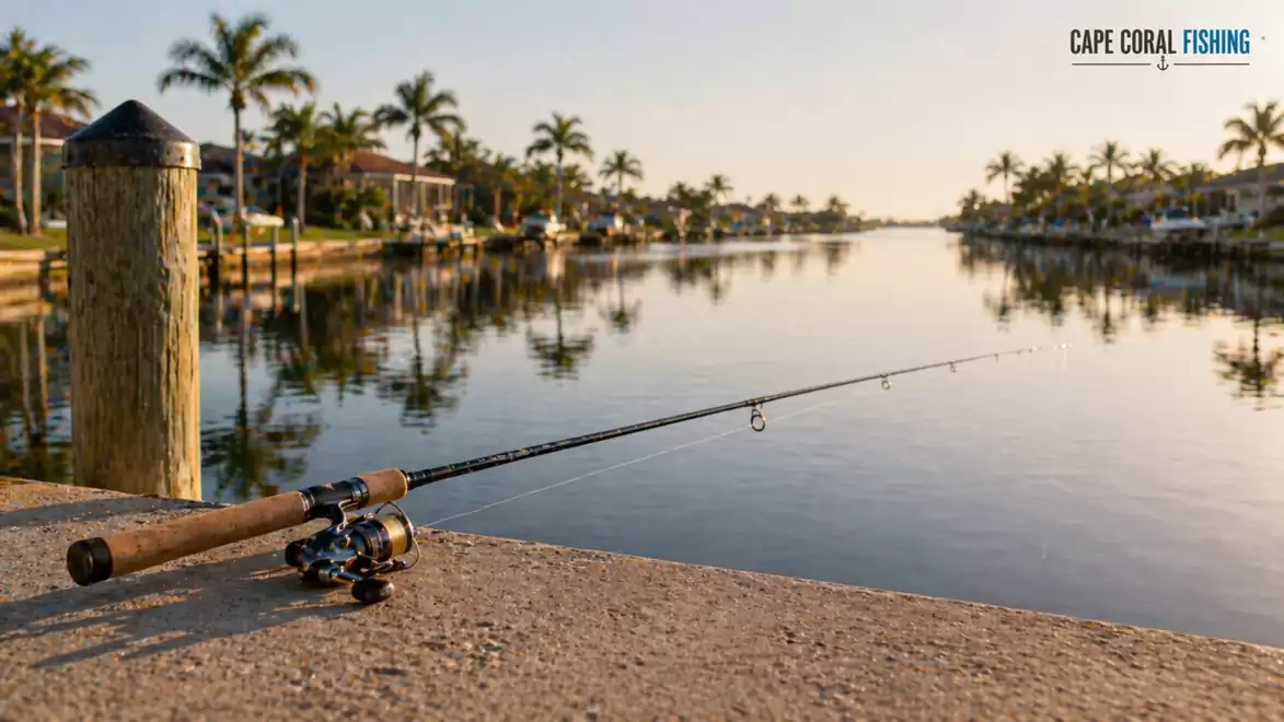 Fishing rod on a concrete wall by a tranquil canal in Cape Coral, surrounded by palm trees at sunset.