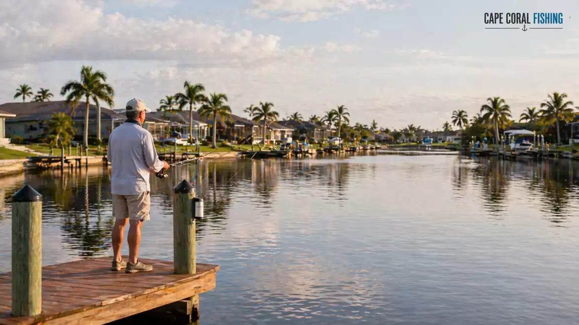 A man standing on a wooden dock fishing in a peaceful canal in Cape Coral, surrounded by palm trees and houses.