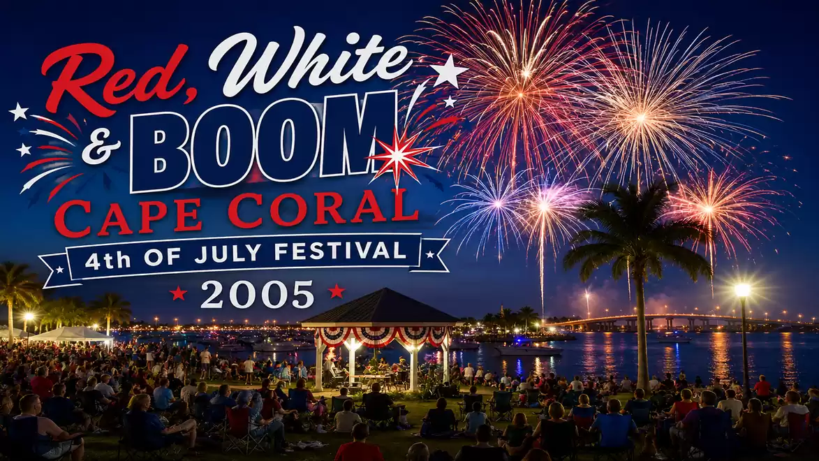 Fireworks over Cape Coral at the Red, White & Boom Festival on July 4th, 2005. People gather in the park to watch the spectacle in the evening sky.