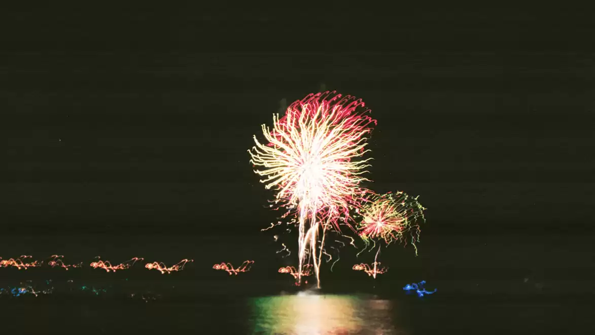 A colorful fireworks display lights up the night sky over calm waters.