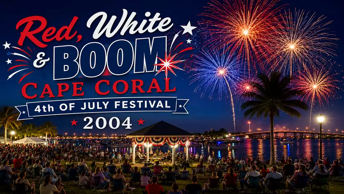 Fireworks at the 4th of July Festival in Cape Coral 2004 with crowds by the water.