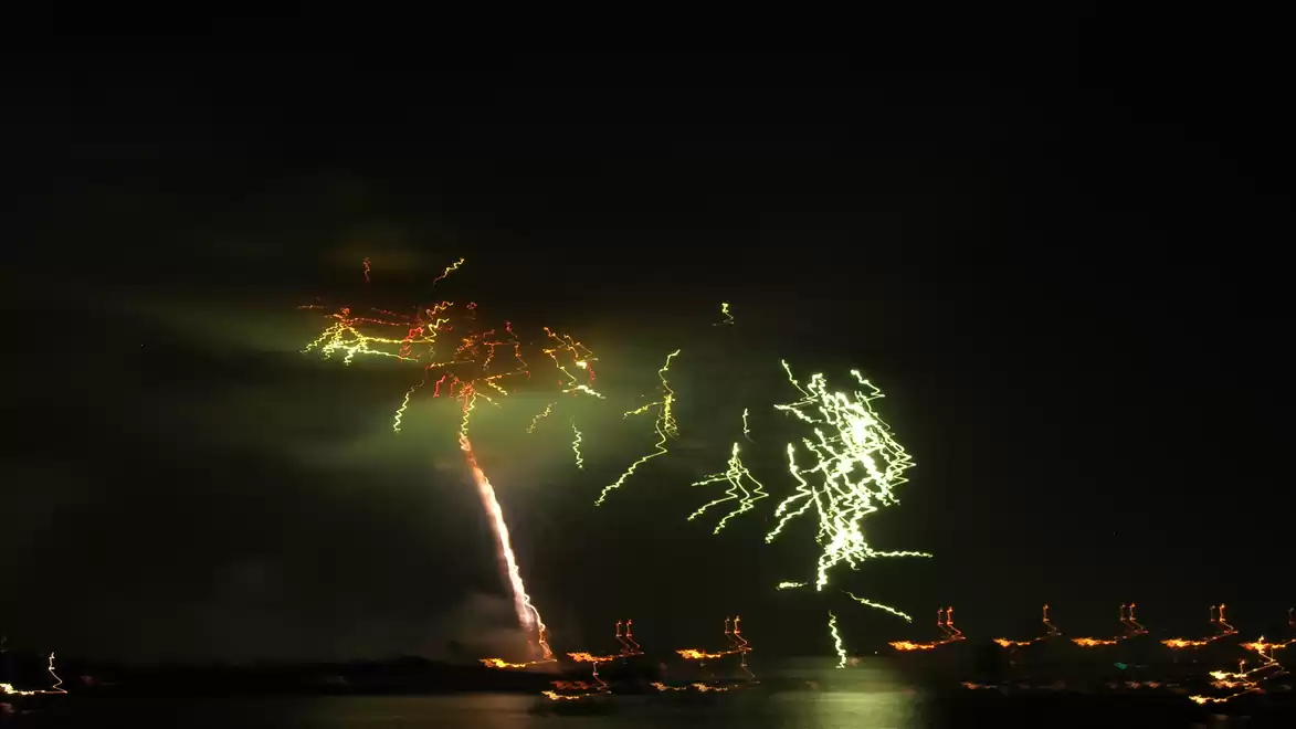 Fireworks against a dark night sky showing colorful lights and patterns.