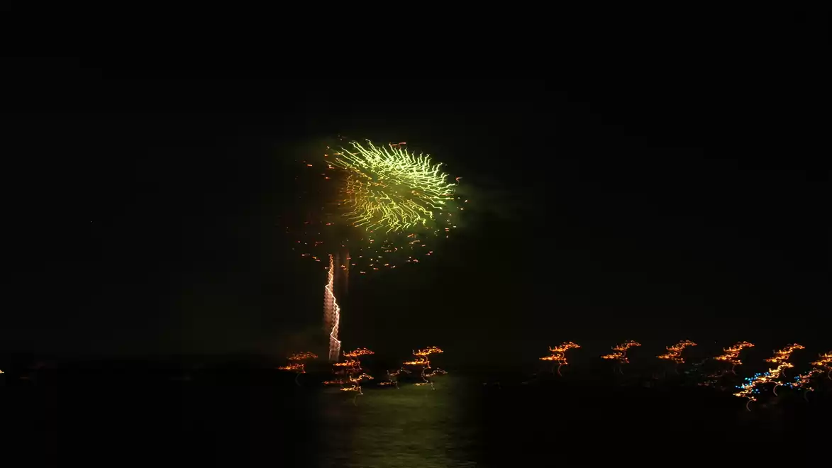 A fireworks display in the night sky with a large, green burst lighting up the darkness. Reflective lights are visible on the water in the background.
