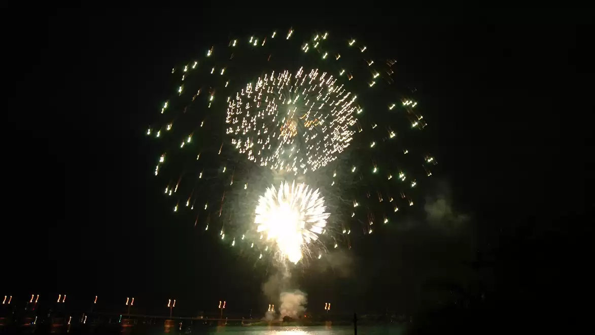A spectacular fireworks display lights up the night sky.