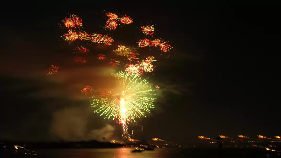 A stunning fireworks display lights up the night sky over water with red and green sparks.