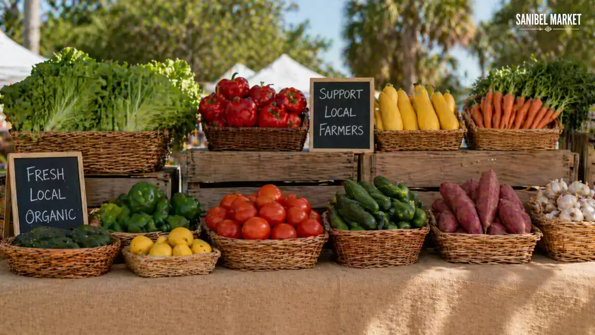 A farmer's market stall with fresh vegetables like tomatoes, peppers, lettuce, and carrots in baskets. Signs display 'Fresh Local Organic' and 'Support Local Farmers'.