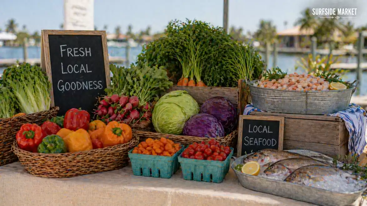 Fresh market stall with local vegetables and seafood against a scenic water background.