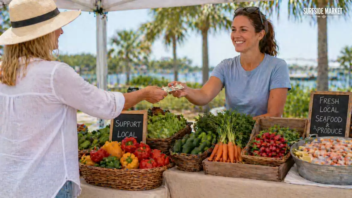 Woman purchasing local produce at an outdoor market stand surrounded by fresh fruits and vegetables.