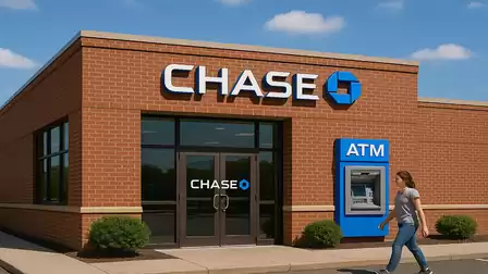 A brick building with the sign 'Chase' and an ATM in front. A person walks by.