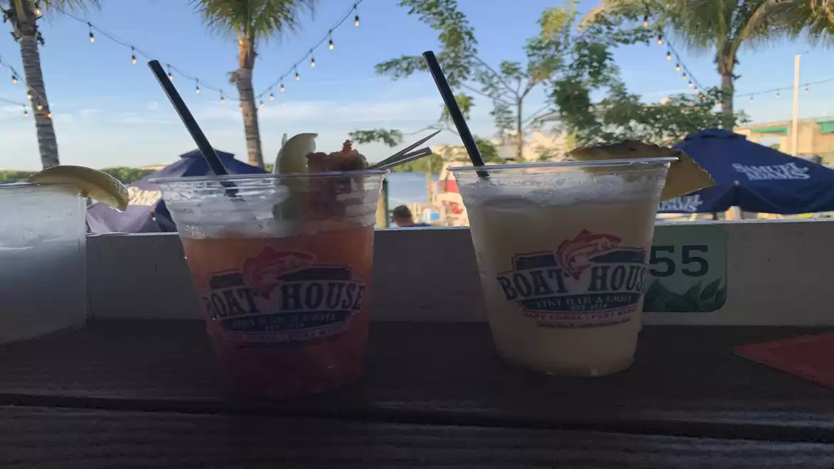 Two cocktails with straws and garnish on a table overlooking an outdoor area with palm trees and lights.