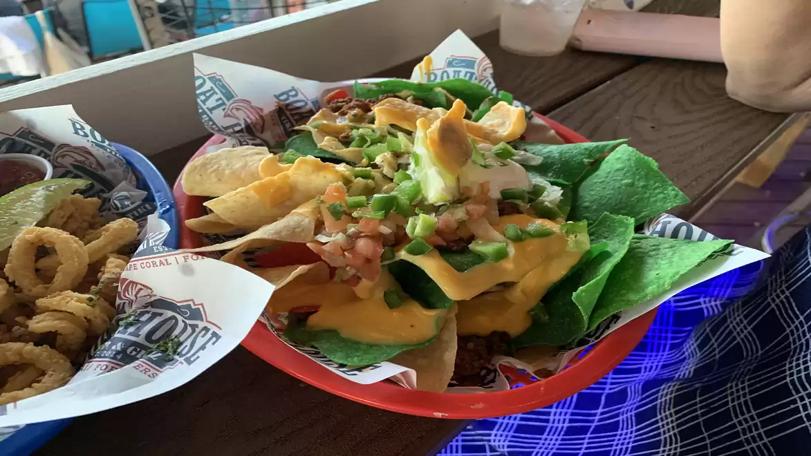 A plate of colorful nachos topped with cheese, salsa, and herbs. Next to it is a serving of fried onion rings.