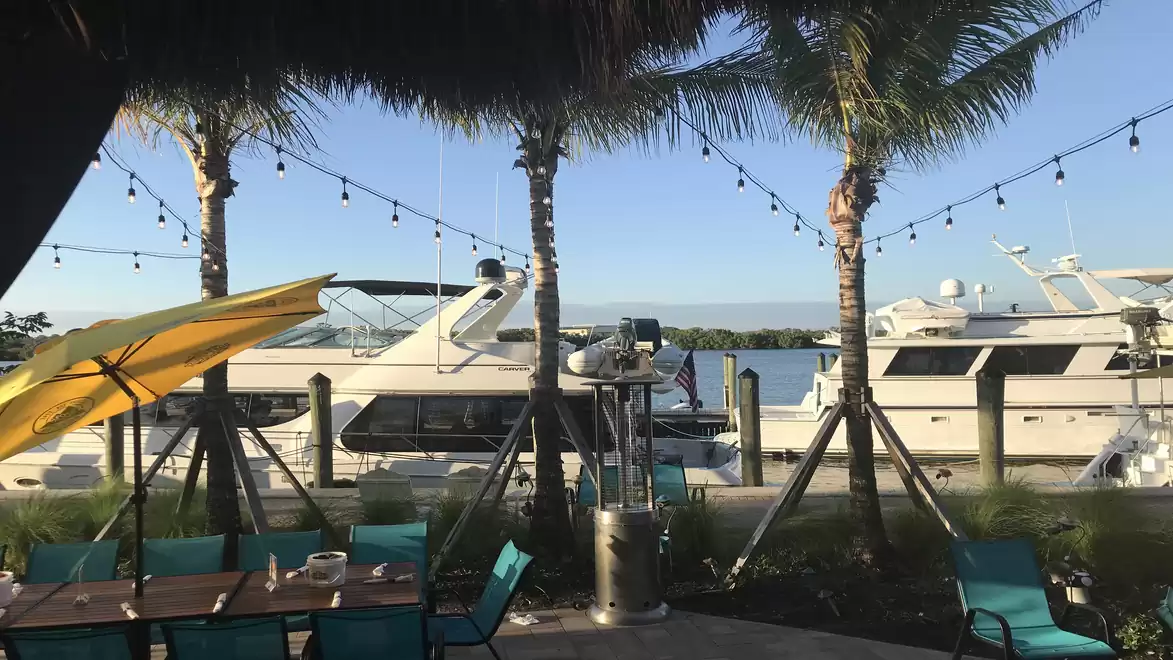 A picturesque harbor scene with yachts in the water, surrounded by palm trees and a restaurant with blue-green chairs and a yellow umbrella.