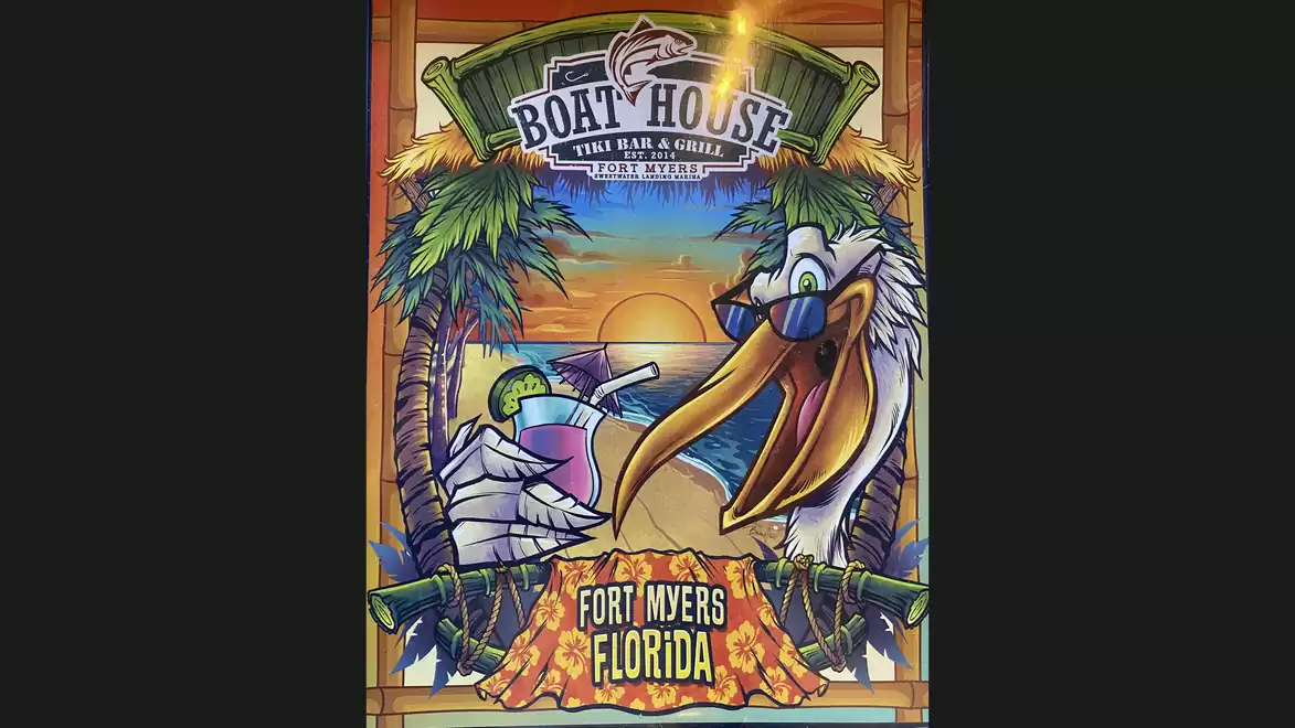 Illustration of a tropical bar scene with a pelican and a drink at sunset, surrounded by palm trees and a sign for Fort Myers, Florida.