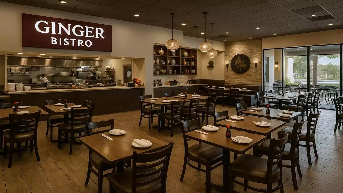 Interior view of a modern restaurant with cozy lighting and set tables, in the background an open kitchen with the sign 'Ginger Bistro'.