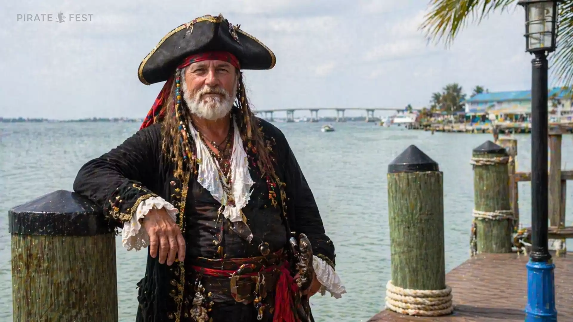 A man in a pirate costume stands at the harbor in front of a maritime backdrop with water and a pier.