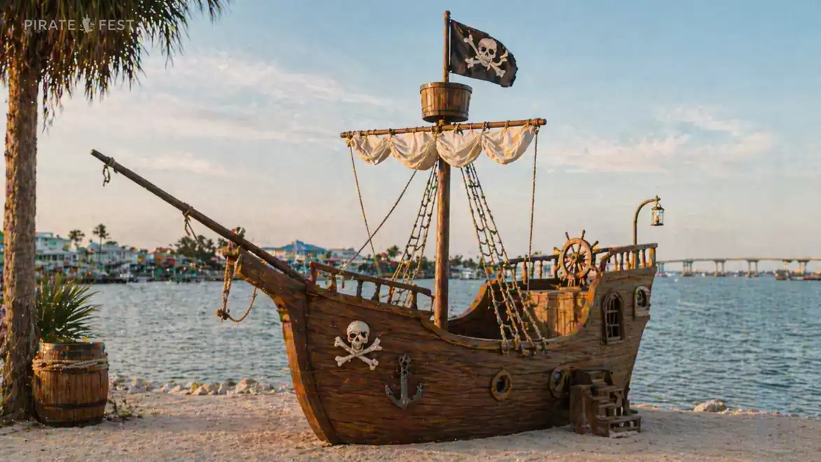 A decorative pirate ship stands on the sandy shore with a pirate flag on the mast, surrounded by palm trees and a sea in the background.