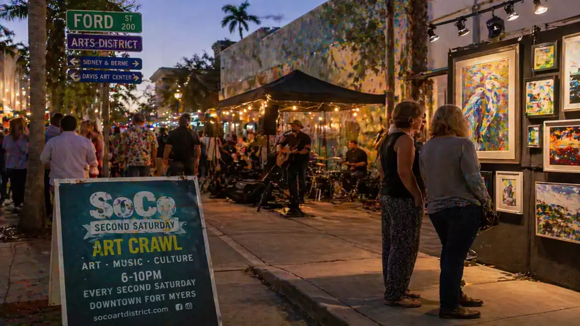 People walking at an art festival in the evening along a street with brightly lit stalls and artworks on the walls, while musicians play in the background.