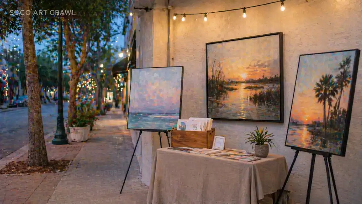 Outdoor art gallery featuring paintings of landscapes and palm trees at sunset on a lit street wall.