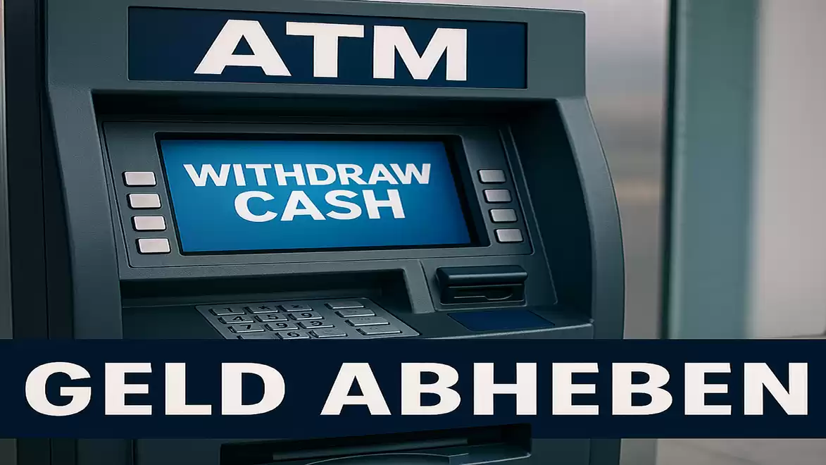 An ATM with the text 'Withdraw Cash' on the screen. Below, in large letters, it says 'Geld abheben'.