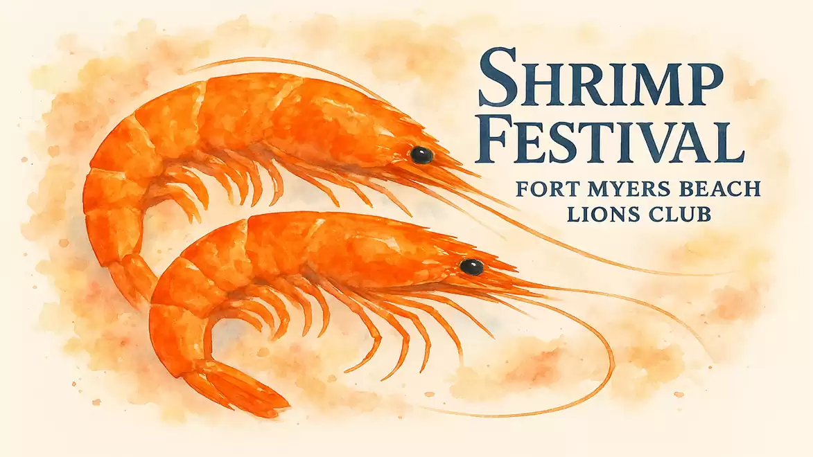 Illustration of two orange shrimp with the text 'Shrimp Festival Fort Myers Beach Lions Club'.
