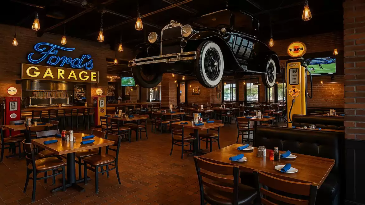 Interior of a retro-style restaurant with a car hanging from the ceiling, wooden tables and chairs, neon lights, and vintage-themed decorations.