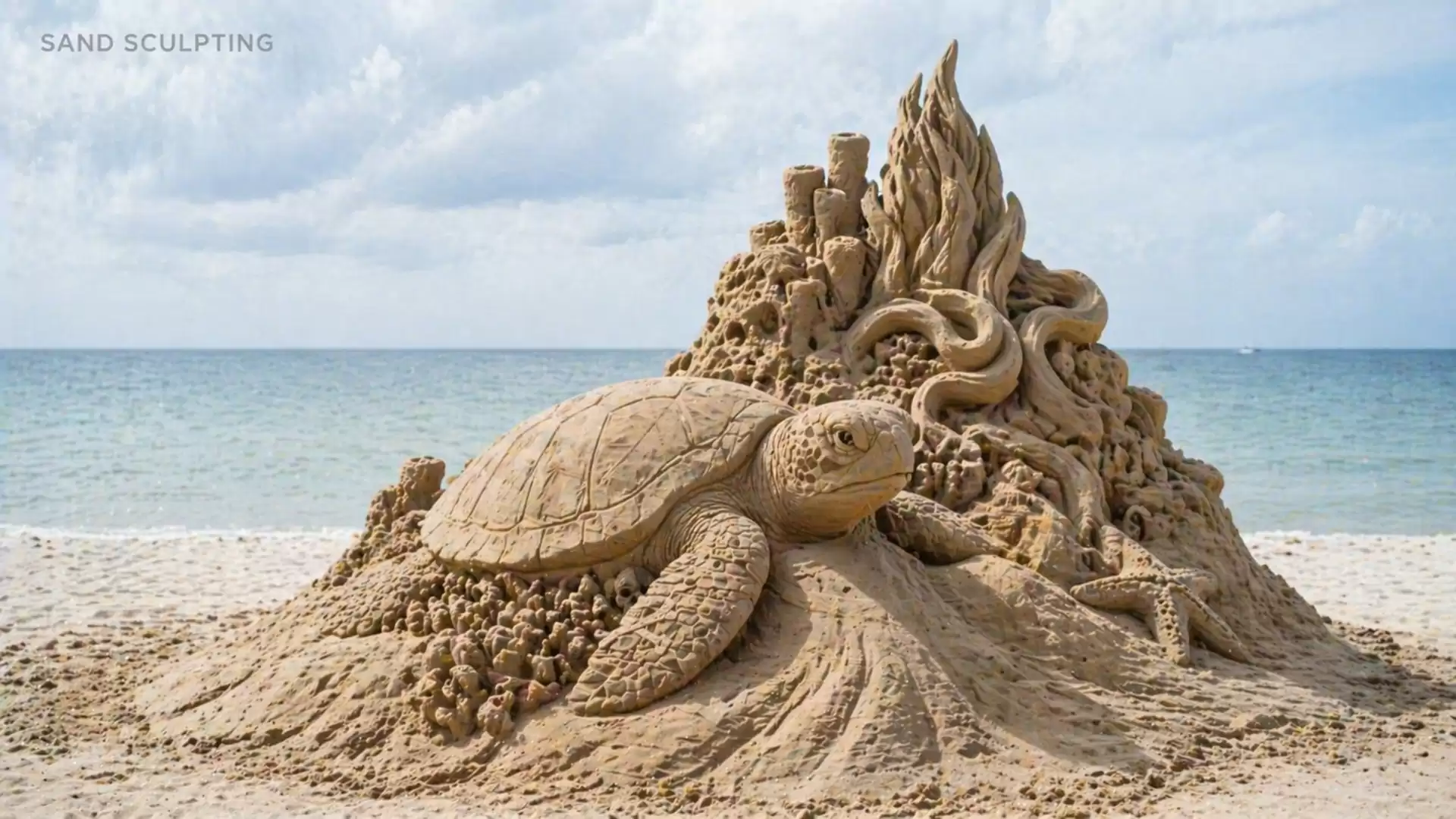 An impressive sand sculpture of a large sea turtle and surrounding marine plants on the beach with the sea in the background.