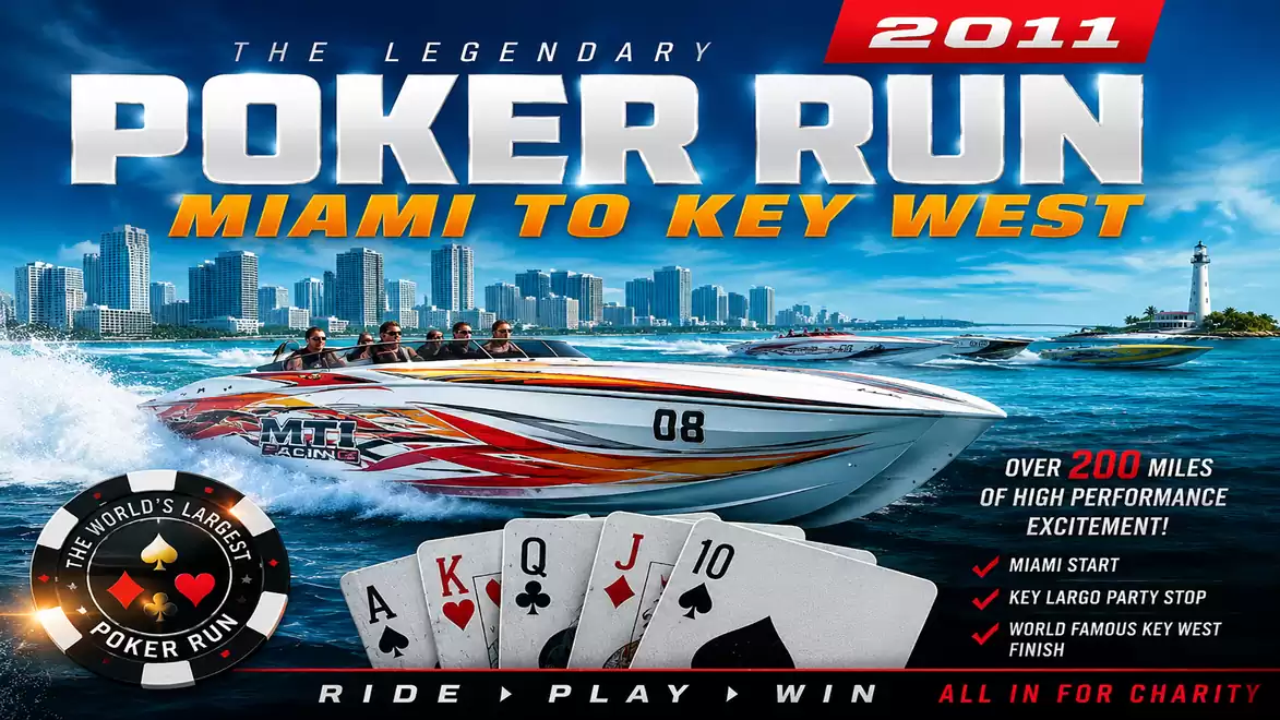 Advertisement for the 2011 Poker Run event from Miami to Key West featuring a speedboat and playing cards.