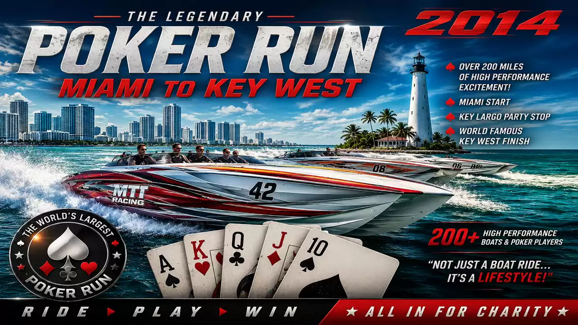 A poster advertises the 2014 Poker Run from Miami to Key West featuring high-speed boats and a poker theme. It shows a racing boat, playing cards, and event text.
