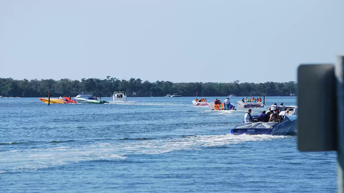 Several speedboats are cruising on open water on a sunny day.