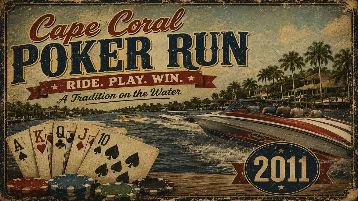 Vintage design featuring poker cards and a speedboat, promoting Cape Coral Poker Run 2011