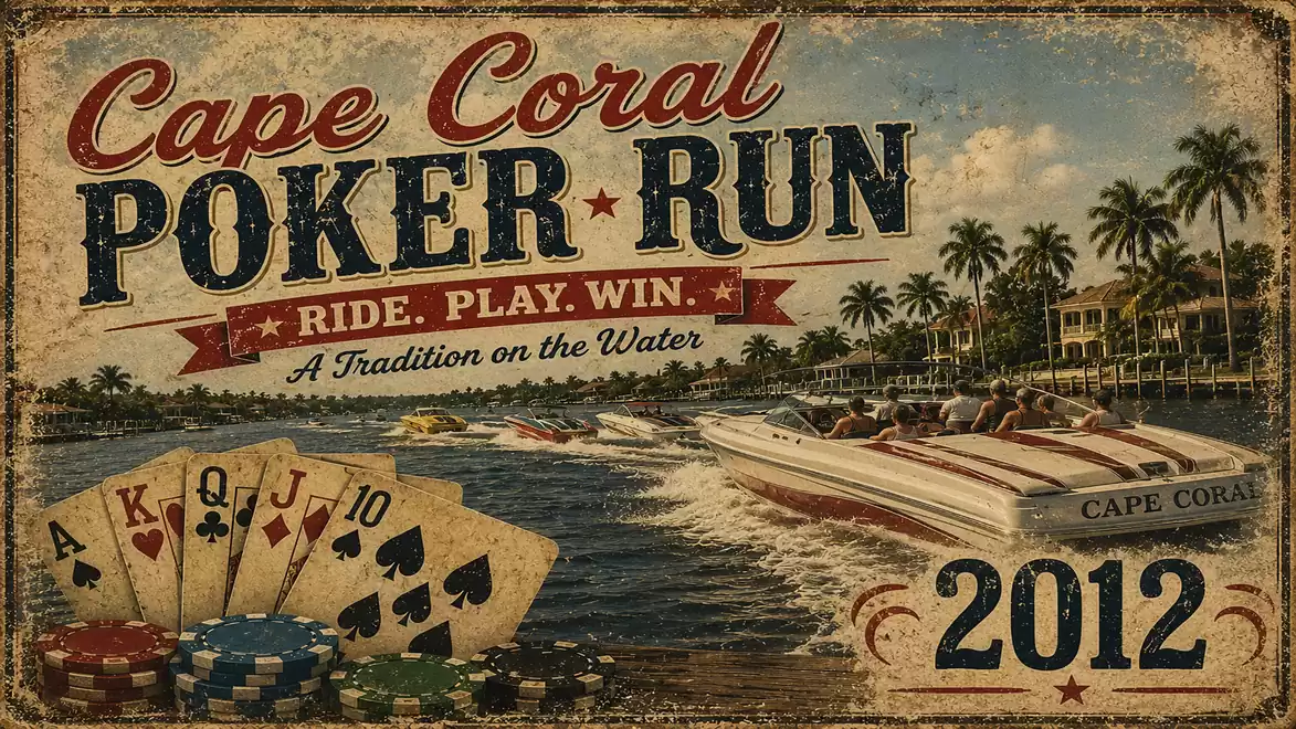 Vintage poster for Cape Coral Poker Run 2012 featuring a speedboat and playing cards on a waterway.
