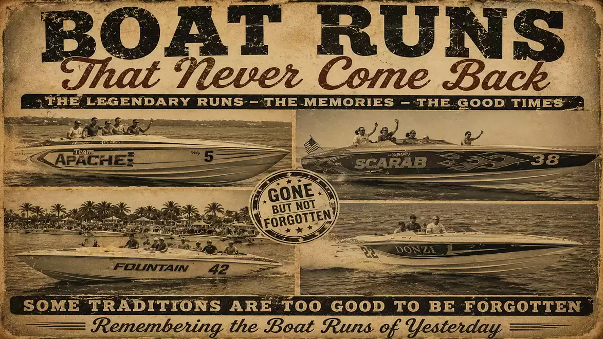 Vintage poster with images of speedboats named Apache, Fountain, Scarab, and Donzi. The text highlights the memories and traditions of legendary boat runs.