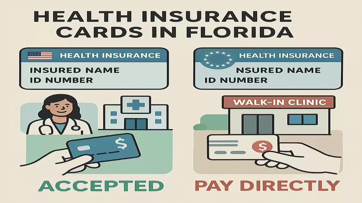 Illustration of health insurance cards in Florida: acceptance and direct payment.
