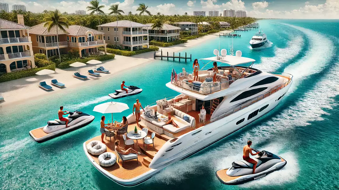 Luxurious yacht on turquoise water near a coastline with palm-lined villas. People are relaxing on the yacht and using jet skis.
