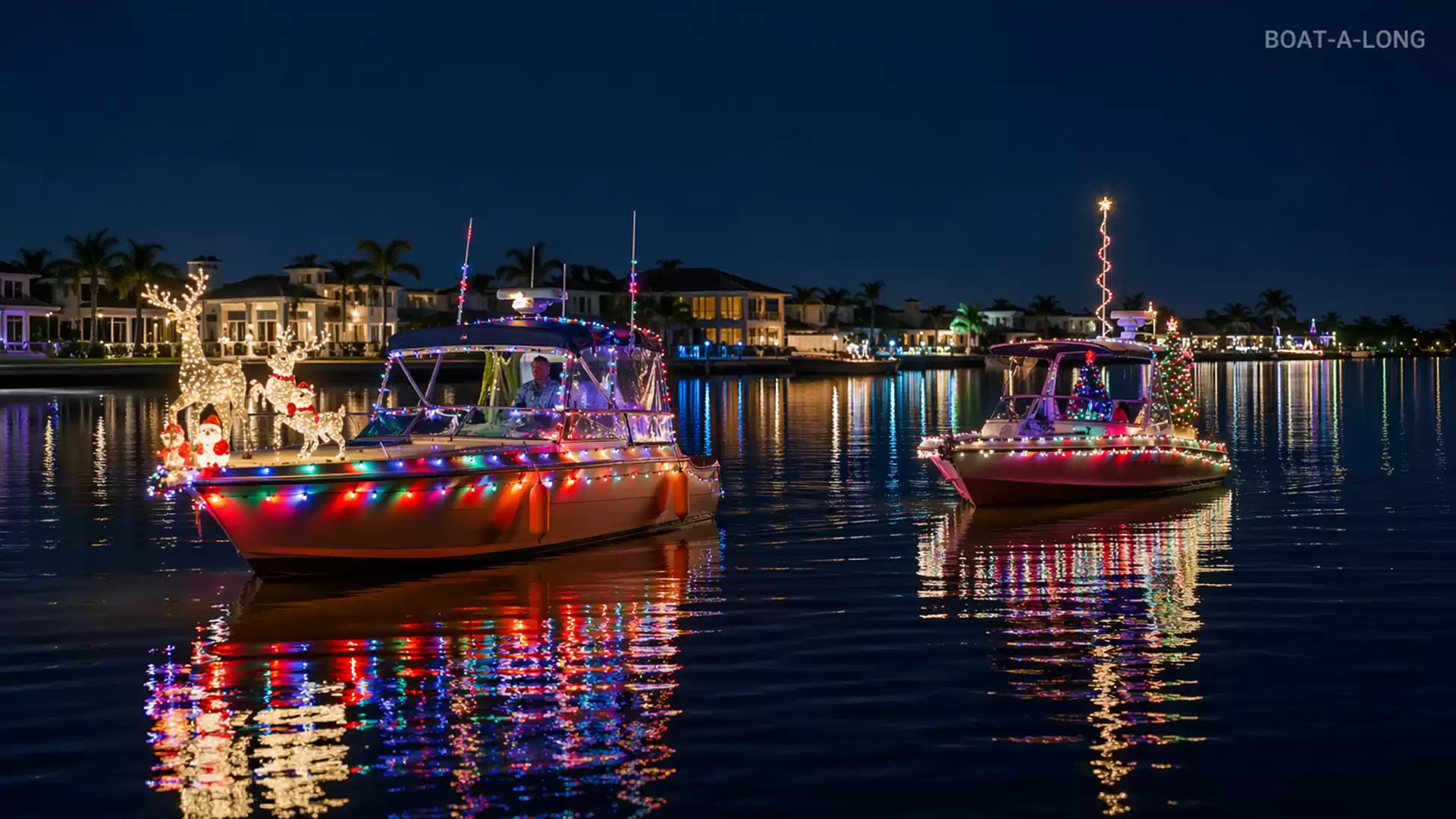 Festively lit boats sail at night over the calm waters of a river, surrounded by brightly lit houses. The colorful lights reflect on the water.