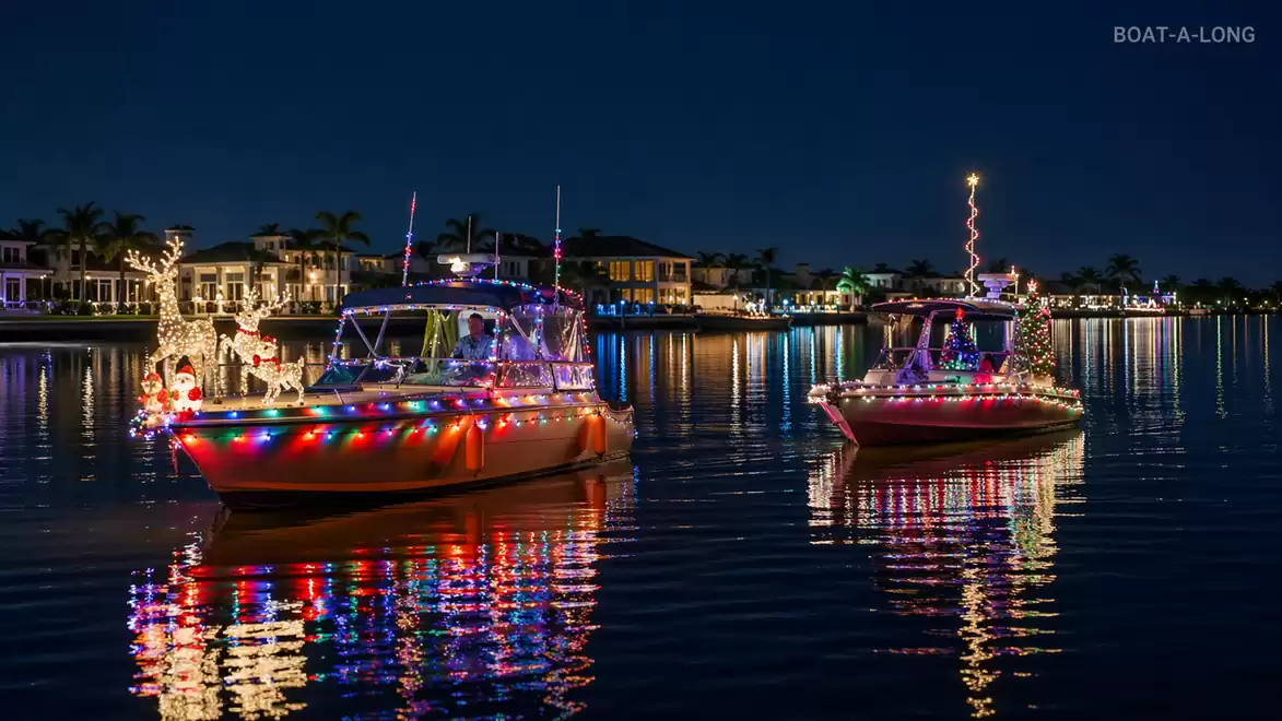 Festively lit boats sail at night over the calm waters of a river, surrounded by brightly lit houses. The colorful lights reflect on the water.