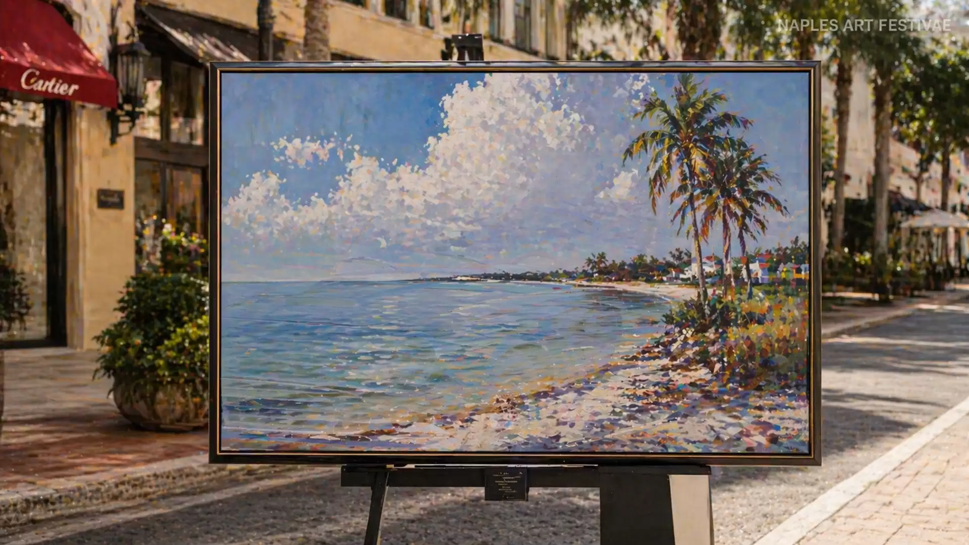 A painting of a coastal landscape with palm trees in the foreground at an art festival.