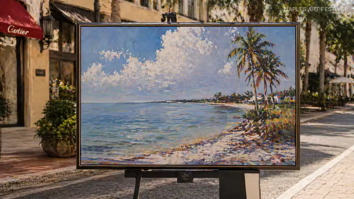 A painting of a coastal landscape with palm trees in the foreground at an art festival.