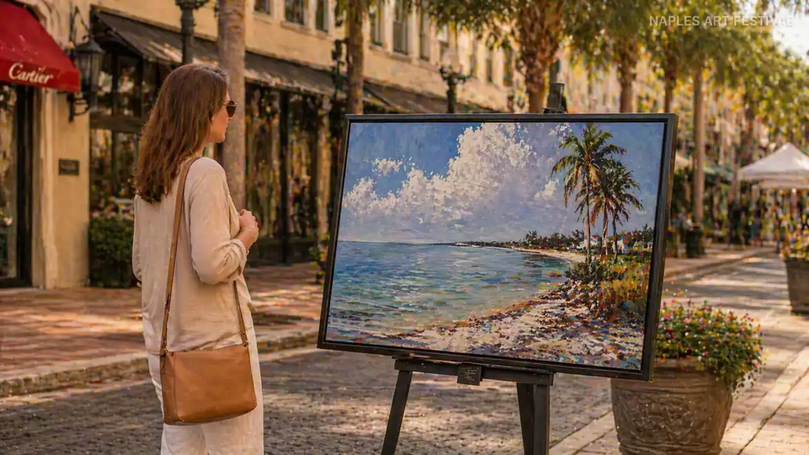 A woman stands on a sunny street looking at a painting of a coastal landscape on an easel.