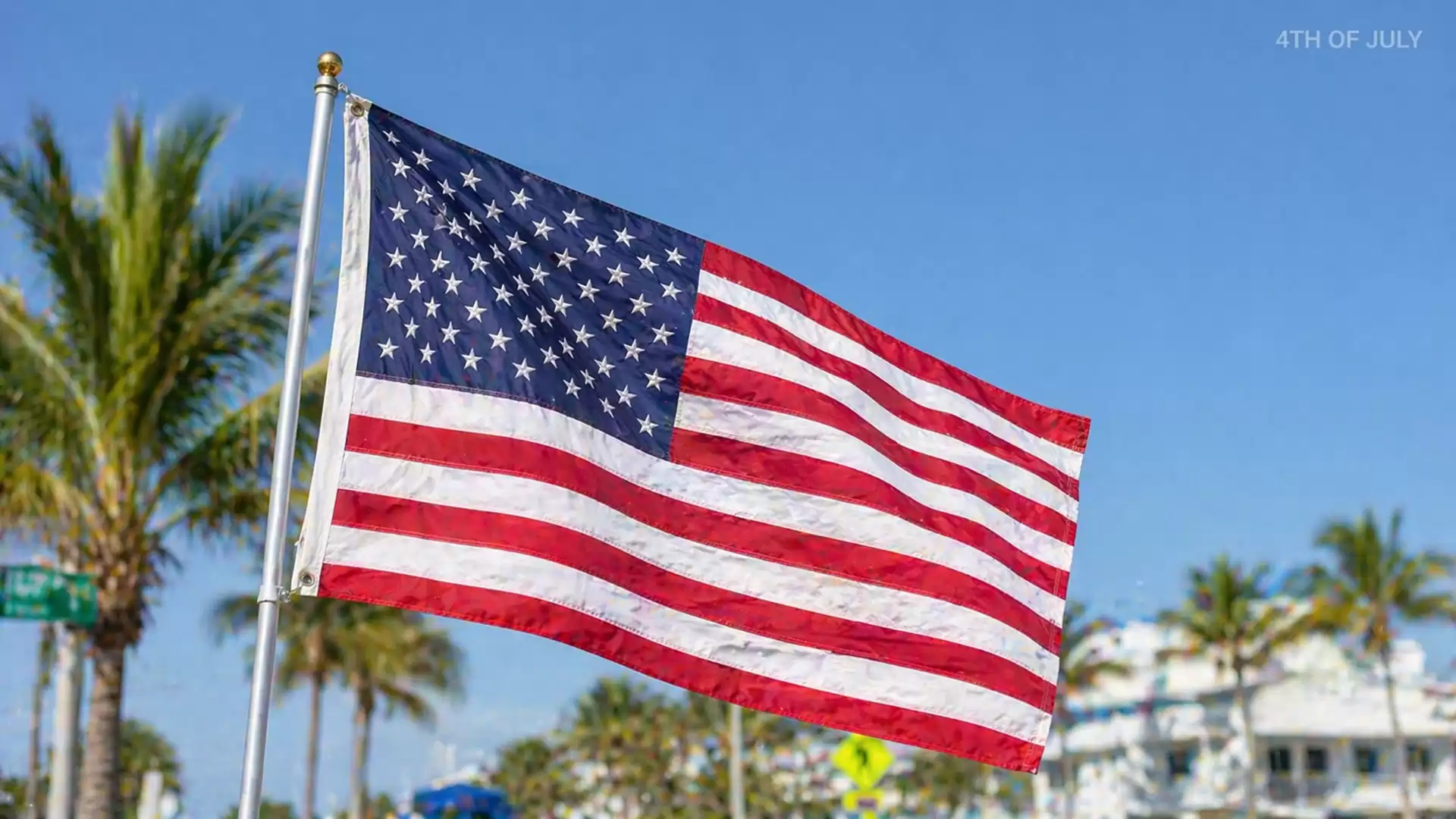 The American flag waves in the wind against a background of palm trees and a clear sky.