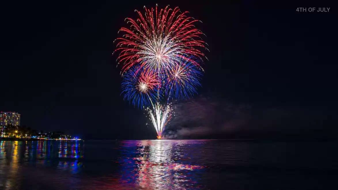 4th of July fireworks with colorful lights in the night sky over a body of water.
