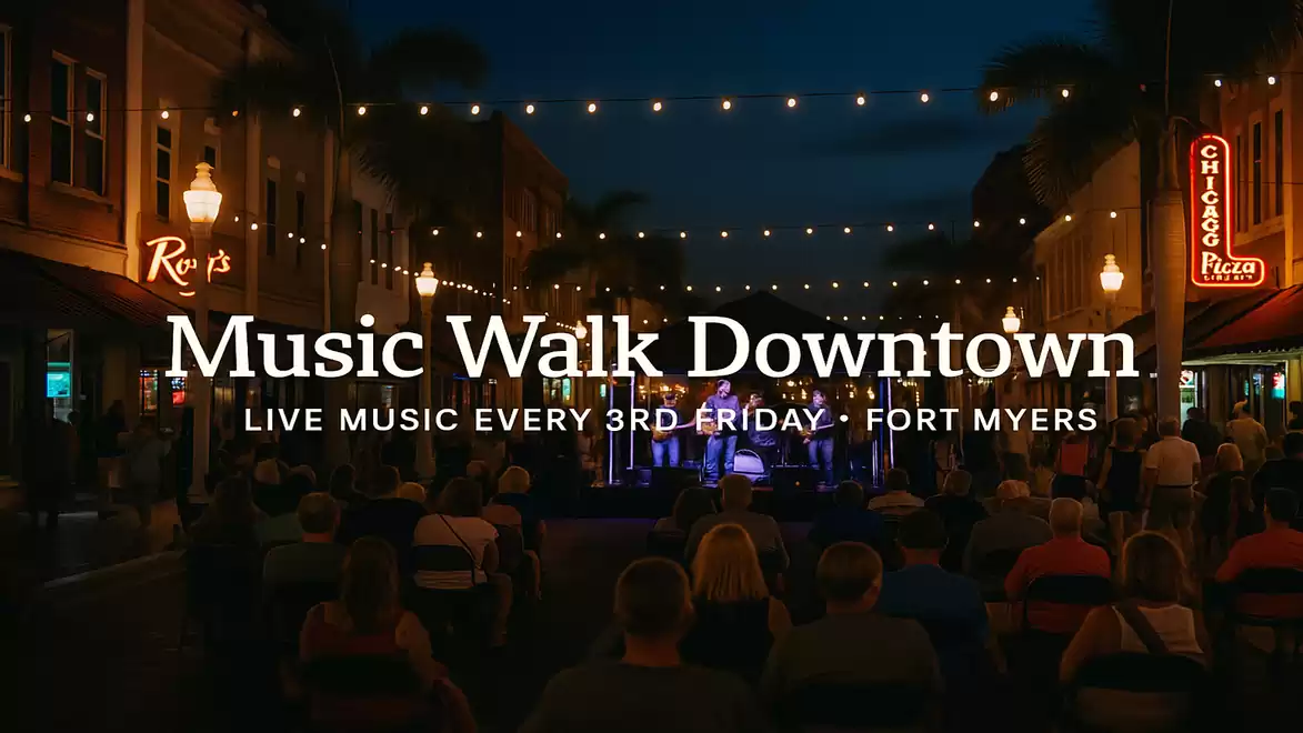 Downtown at night with string lights, music event and crowd, advertisement for live music every third Friday in Fort Myers.